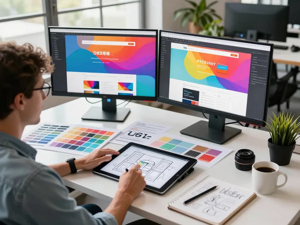 Freelance web designer at work in a vibrant, modern workspace, sketching website layouts and prototypes.