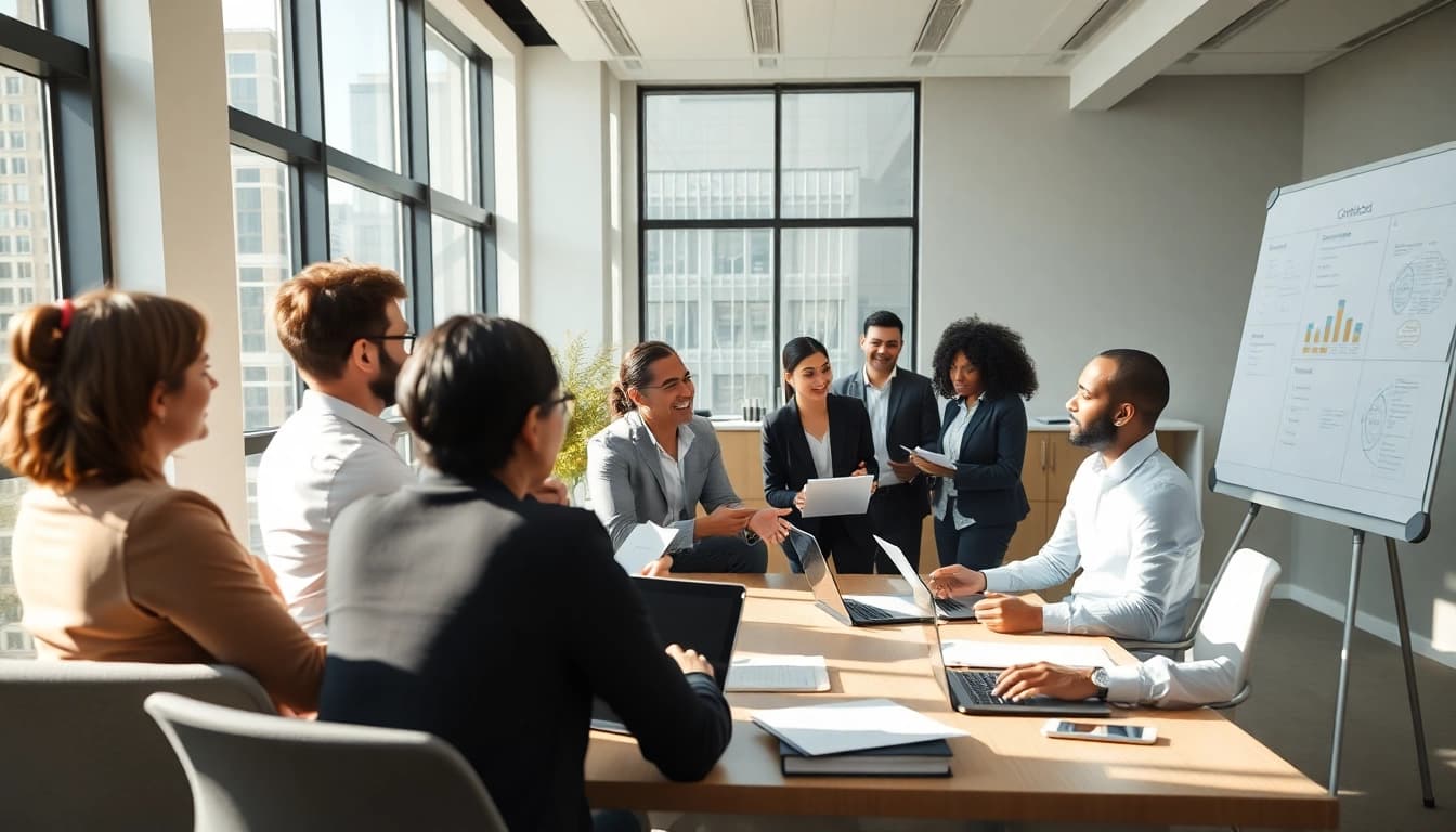 Team of professionals analyzing contracts and grants in a modern office environment.