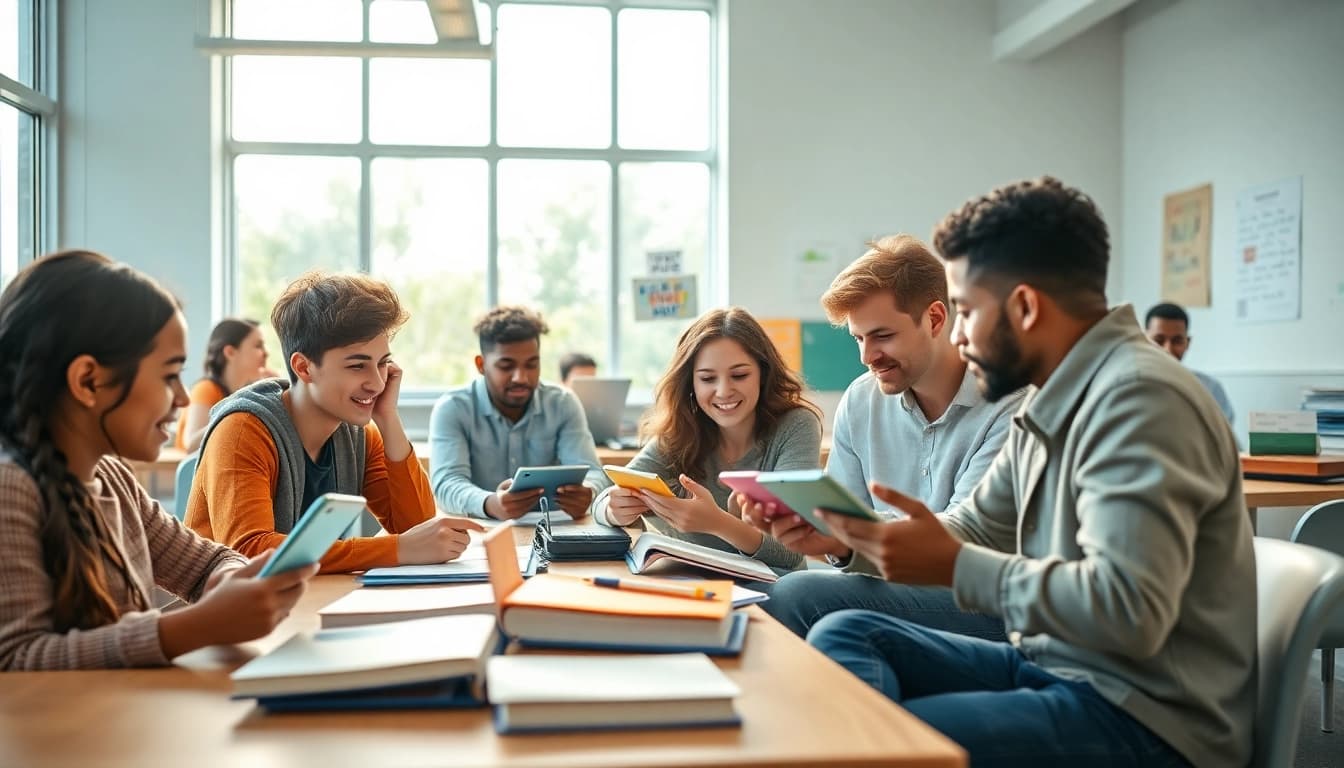 Education-focused classroom scene with diverse students collaborating on learning activities.