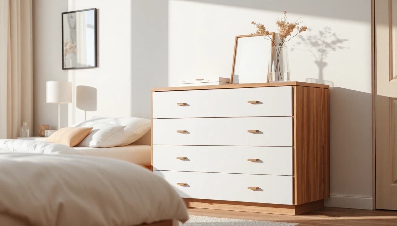 Stylish chest of drawers showcasing modern design and smooth finishes in a bedroom.