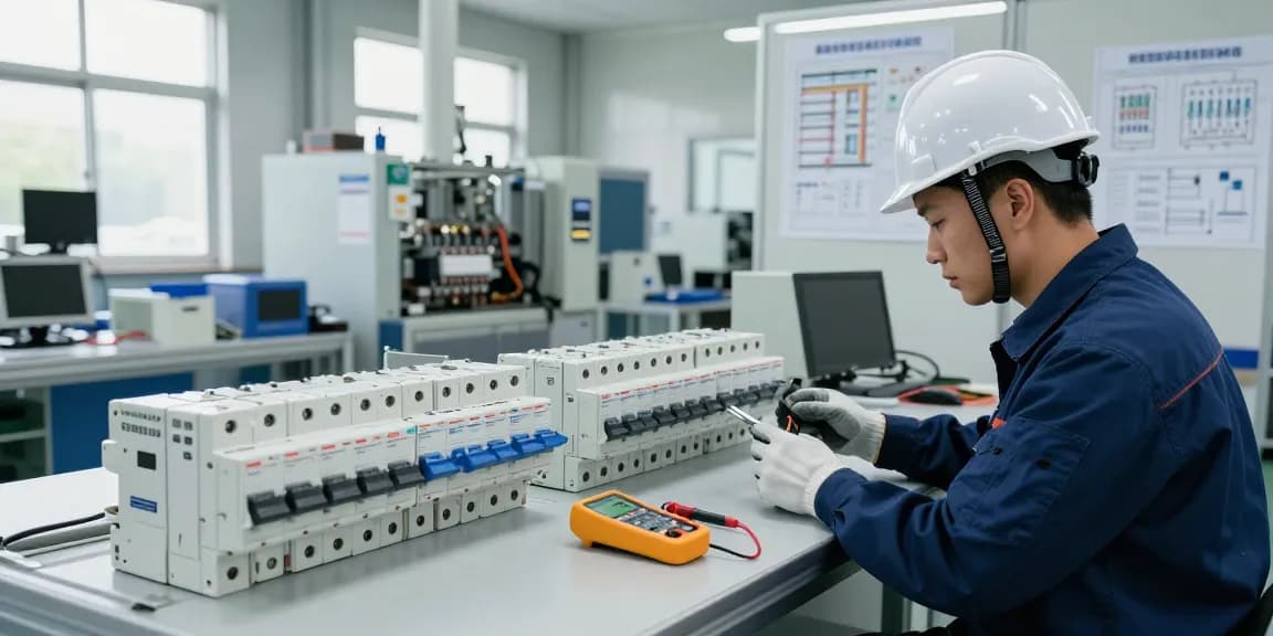 MCCB circuit breaker inspection in modern electrical components manufacturing facility.