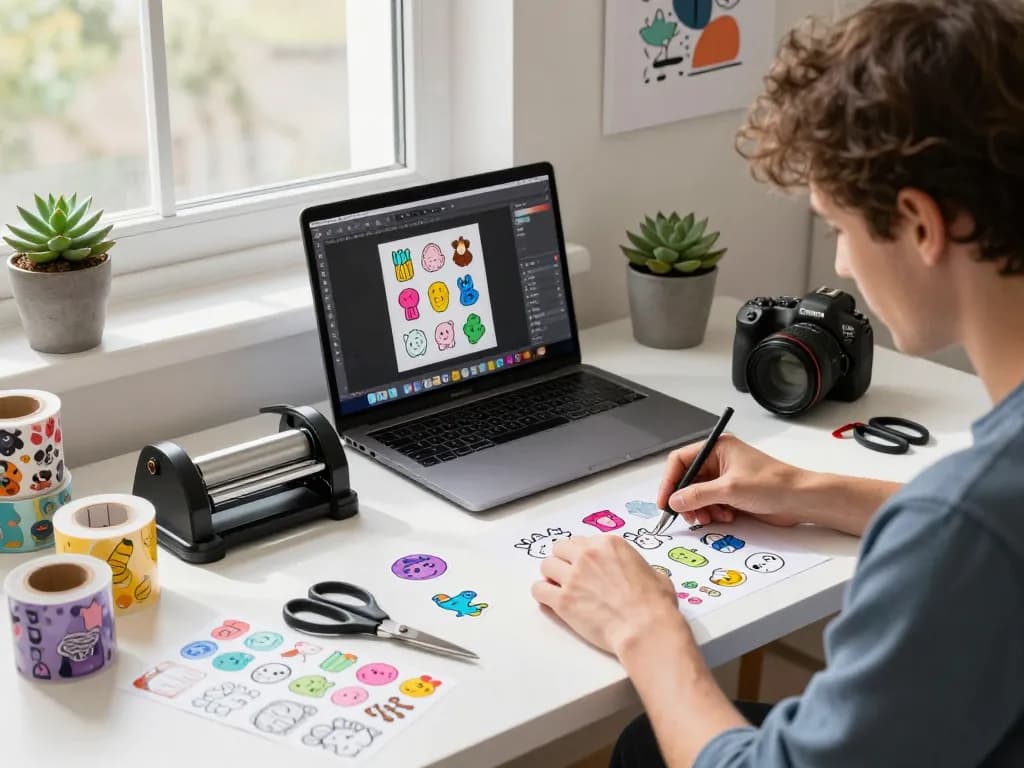 Designer crafting custom stickers at a colorful workspace with vibrant materials and creative tools.