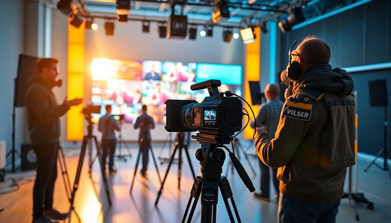 Dynamic scene of Video Production Company Phoenix team collaborating in a studio.