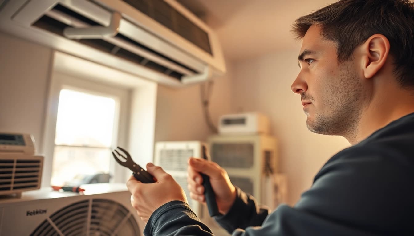 HVAC Repair Tampa expert technician fixing air conditioning unit with precision tools.