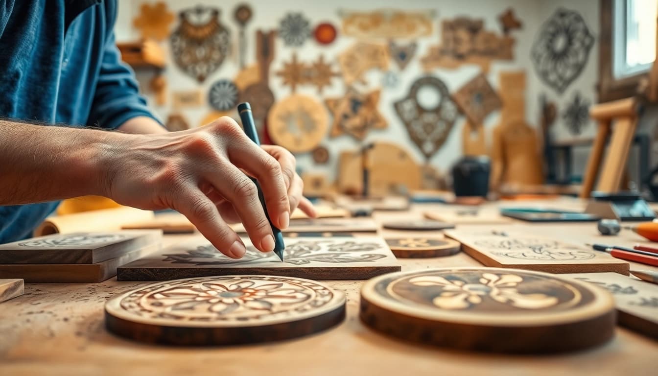Showcase of custom laser design in action, featuring artisan engraving on wood and acrylic.