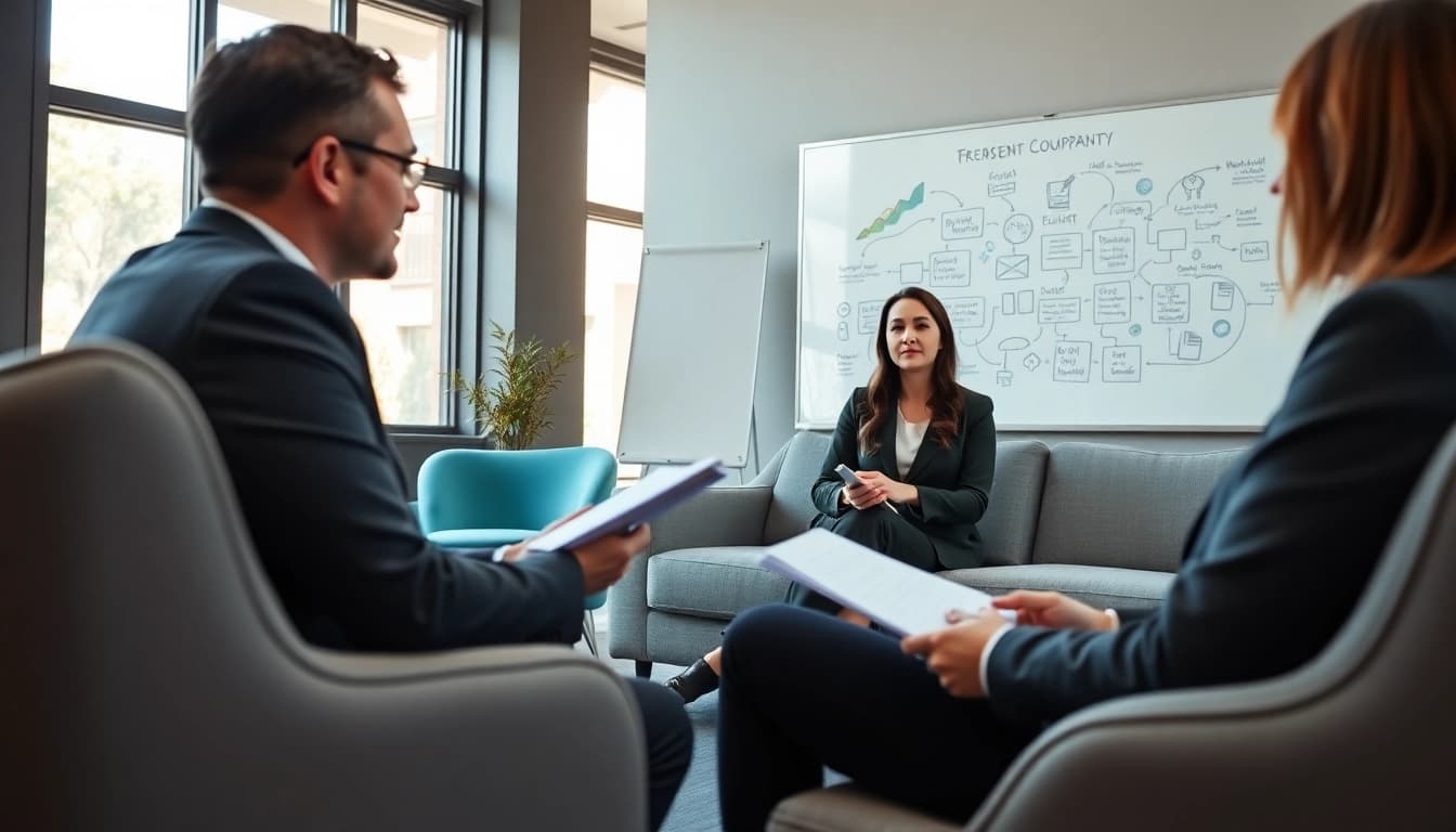 Engaged client consulting with a skilled business coach near me in a modern office environment.