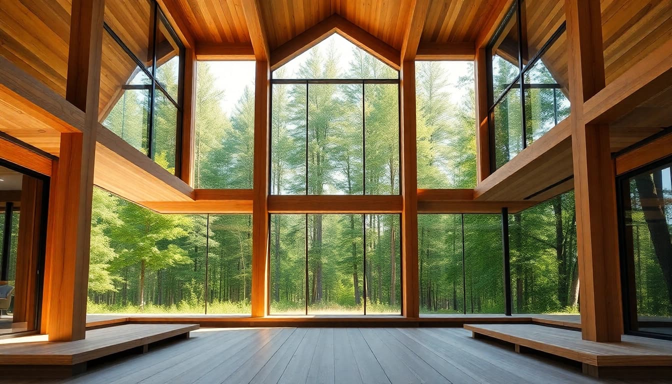 Structural Timber Frame building harmonizing with nature in a serene forest view.