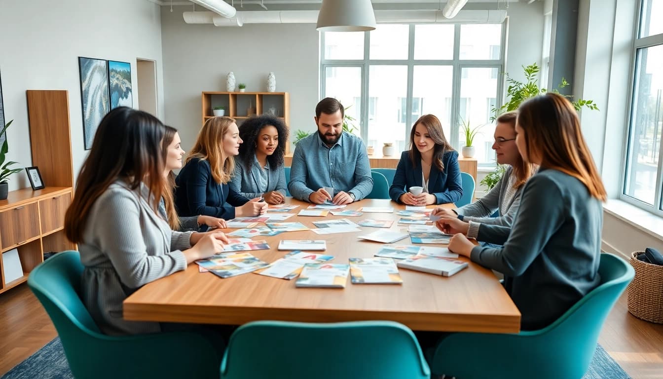 Creative team working at a direct mailing company, showcasing collaboration and innovation.