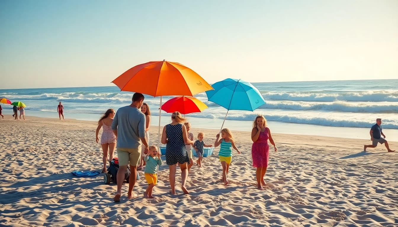 Families enjoying the beach at https://myrtlebeachsc.com/ with vibrant umbrellas and sunlight.
