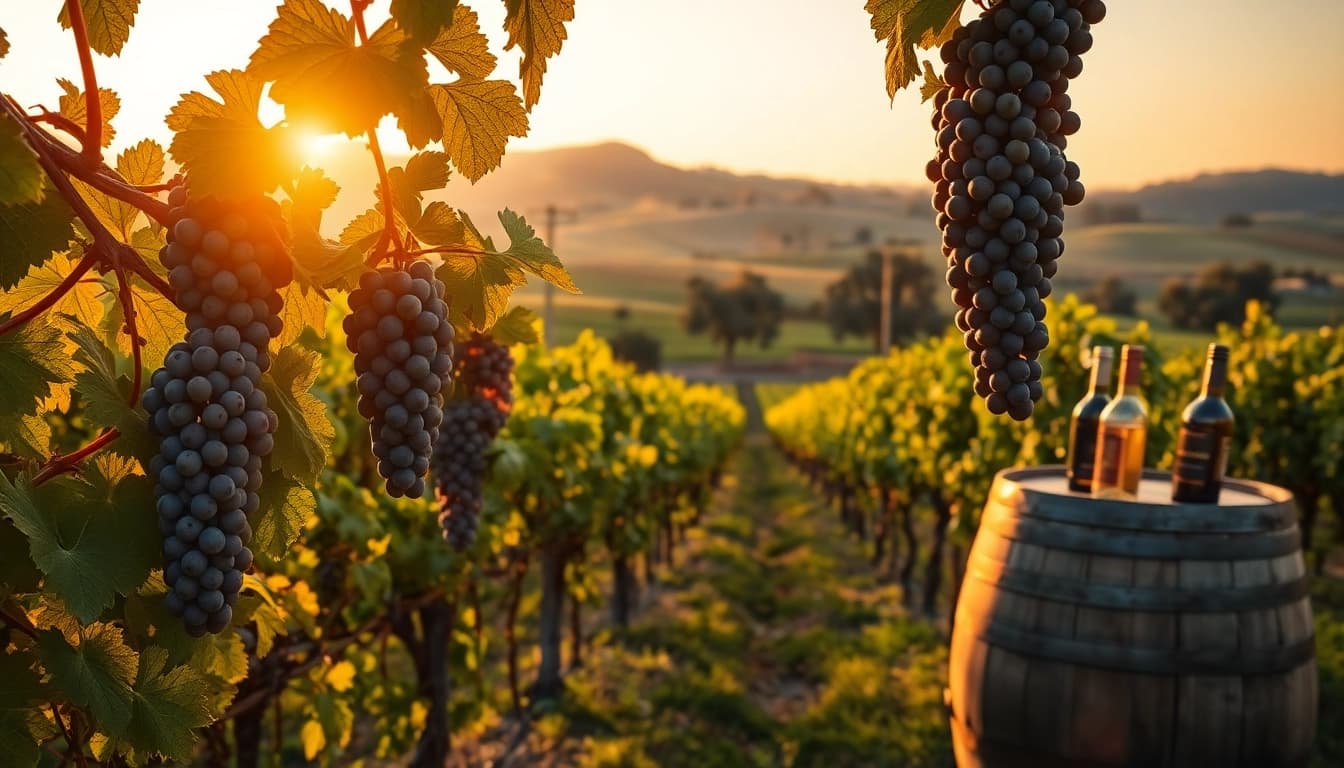 Stunning view of Clarksburg ca wineries vineyard at sunset with ripe grapes and oak trees.