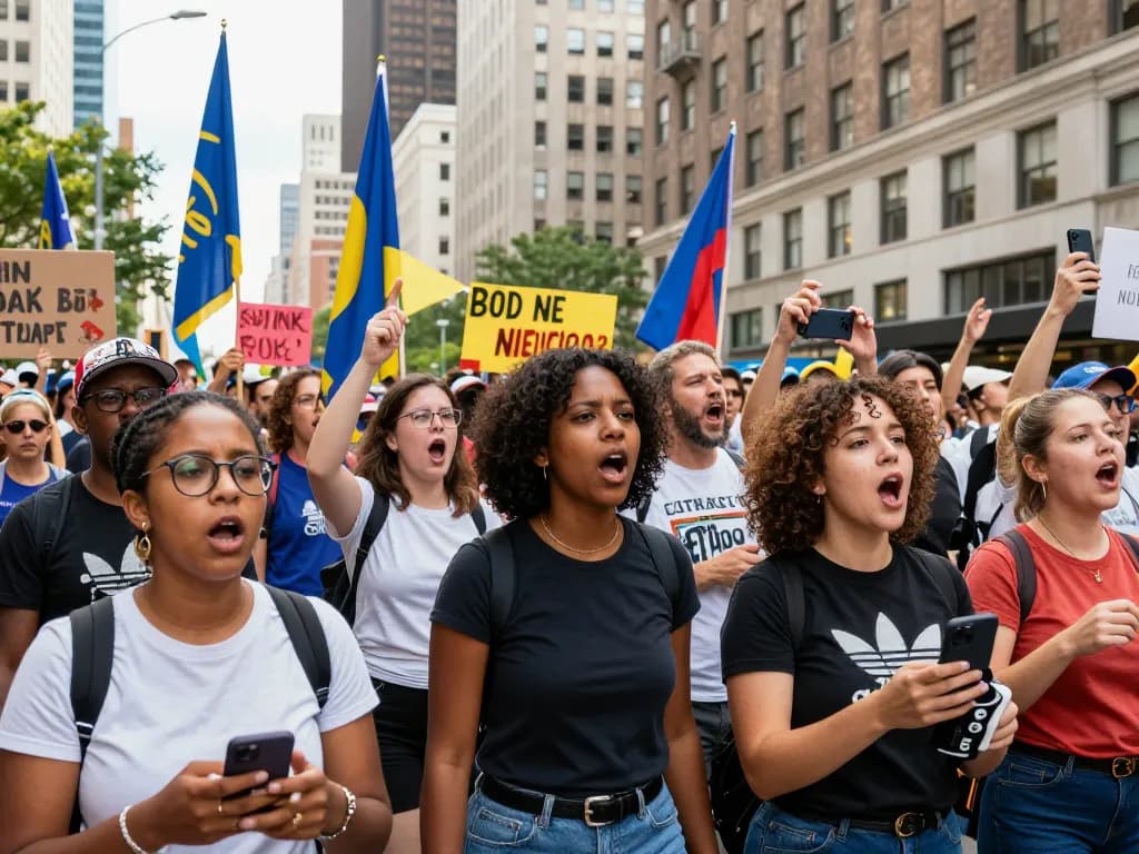 Huge crowds and global attention at an urban protest scene filled with diverse individuals and banners.
