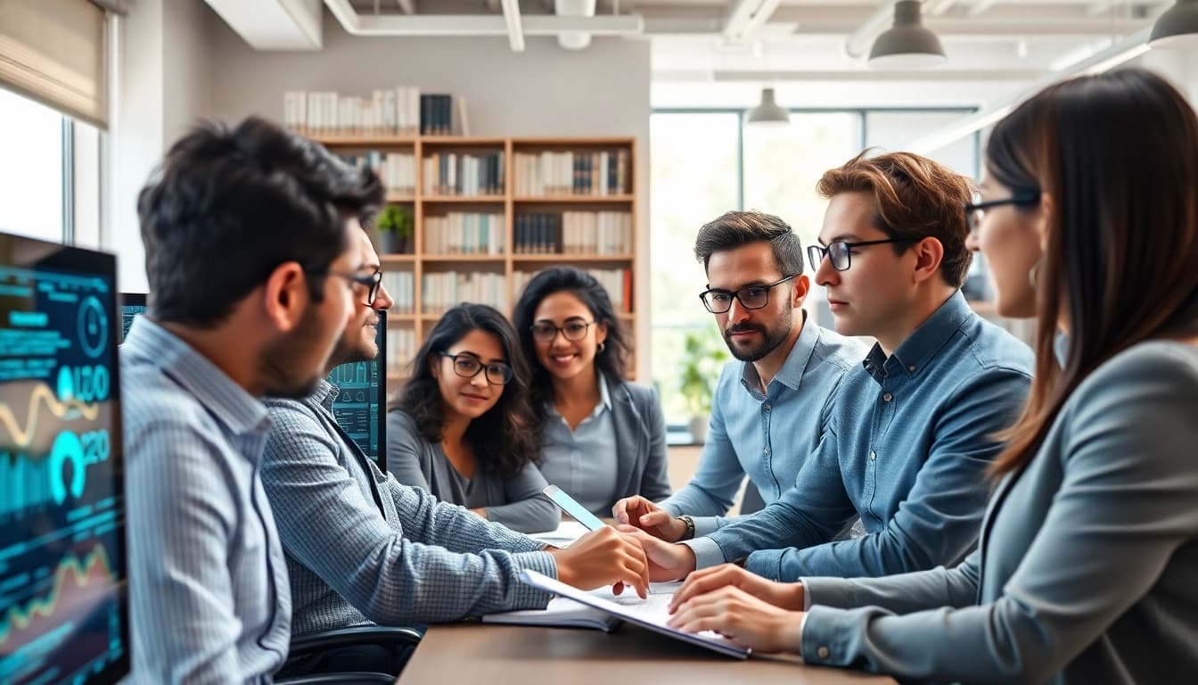 Engaged business analysts using AI for competitive intelligence in a modern office setting.