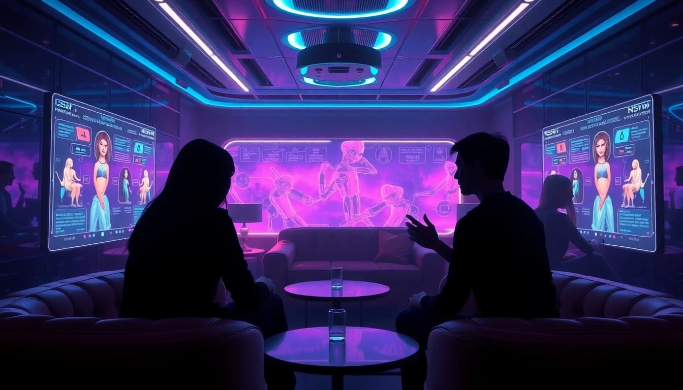 Engaging with NSFW AI chat in a futuristic digital lounge.