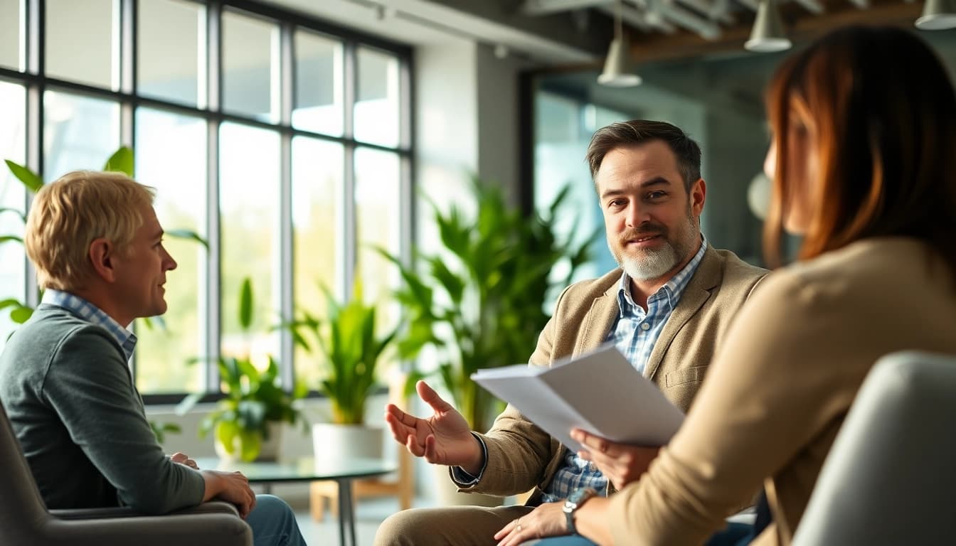 Explore heating financing options with a friendly financial advisor in a modern office setting.