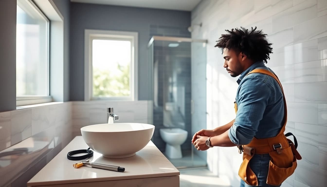 Bathroom installer adjusting a modern sink in a beautifully designed bathroom.