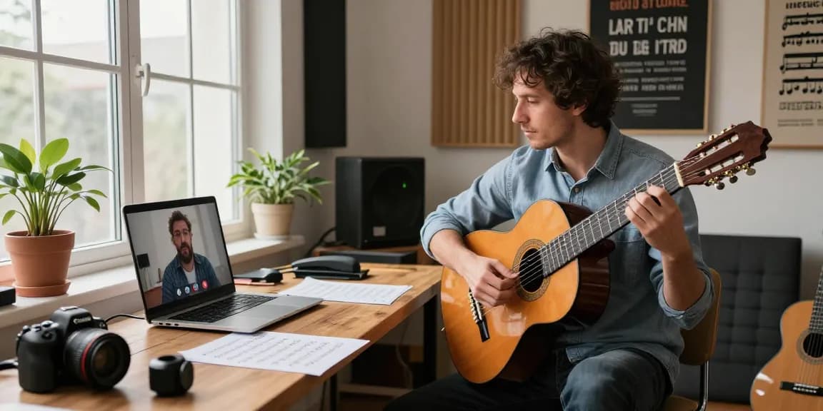 Guitar Instructor Online conducting personalized lessons in a warm home studio.