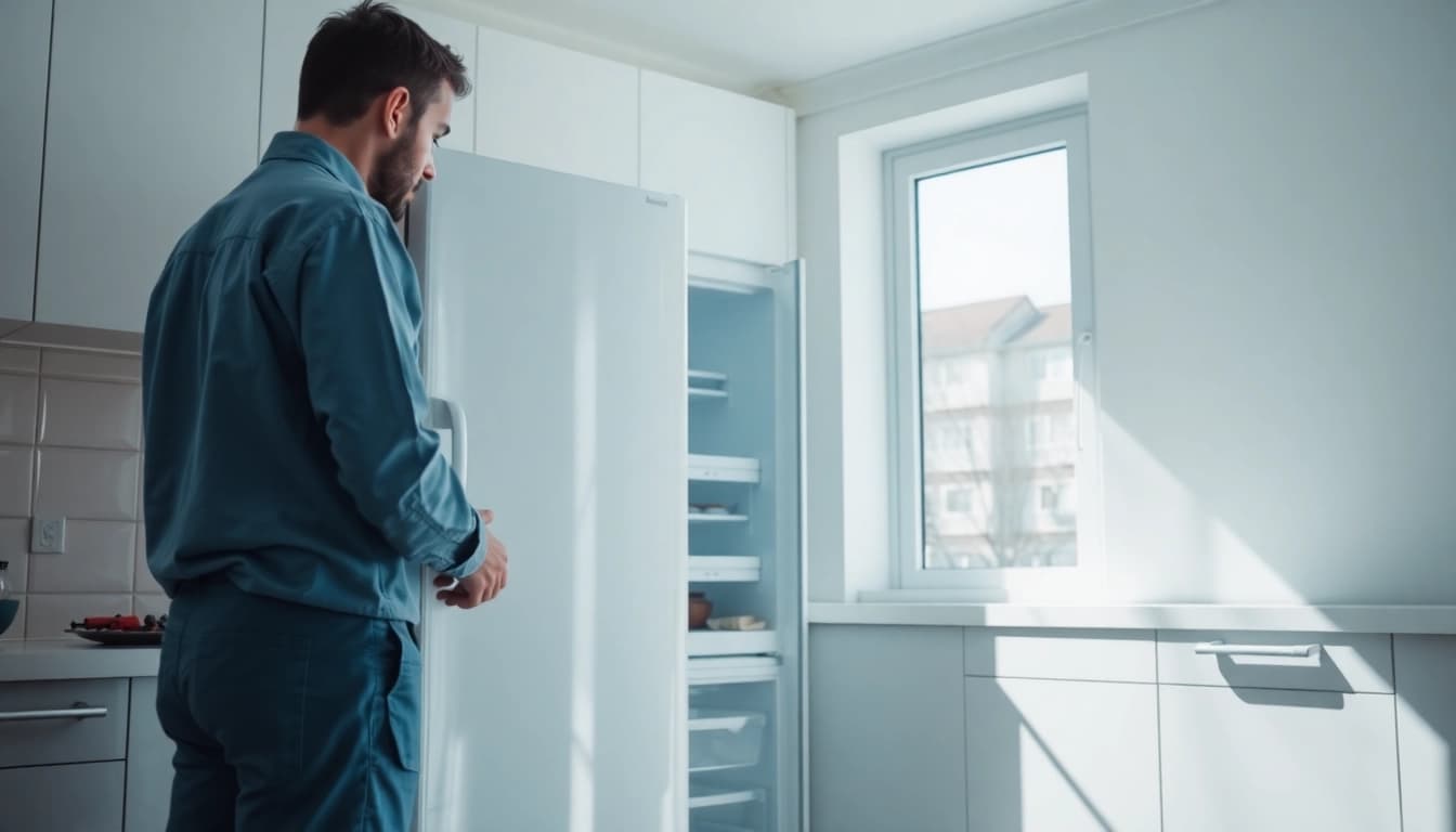 Technician performing Freezer Repair in a bright kitchen, showcasing tools and professionalism.