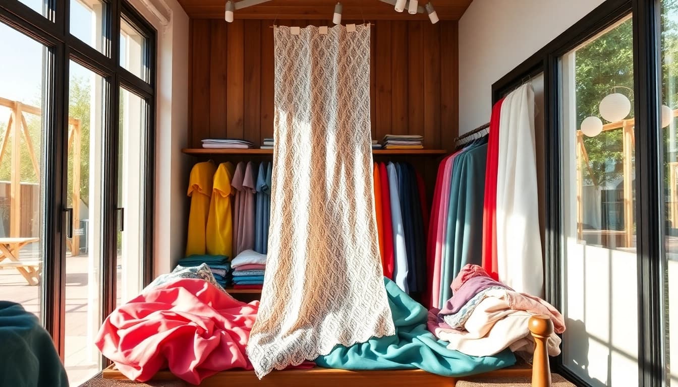 Bekijk stoffen webshop nederland met diverse kleurrijke materialen in een gezellige setting.