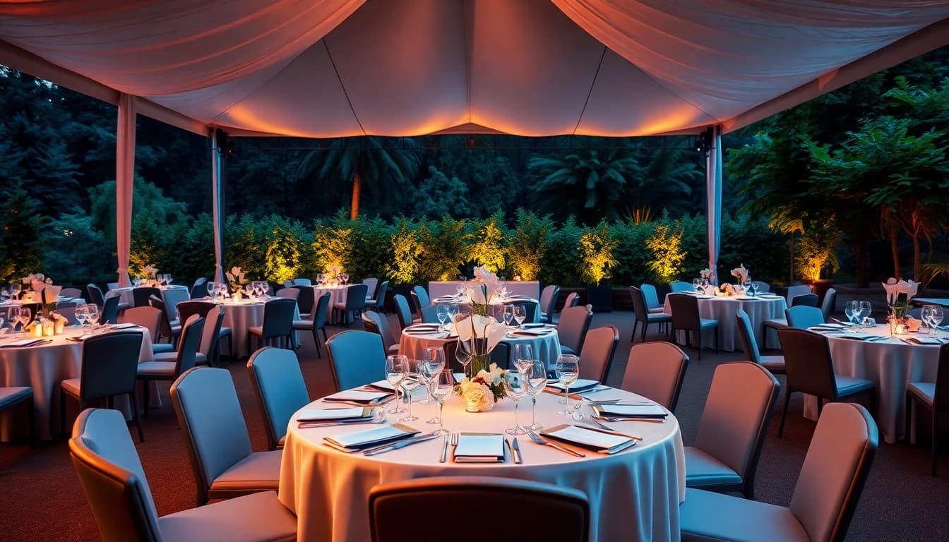 Stylish corporate event rentals setup showcasing elegant tables and tents for corporate event rentals.