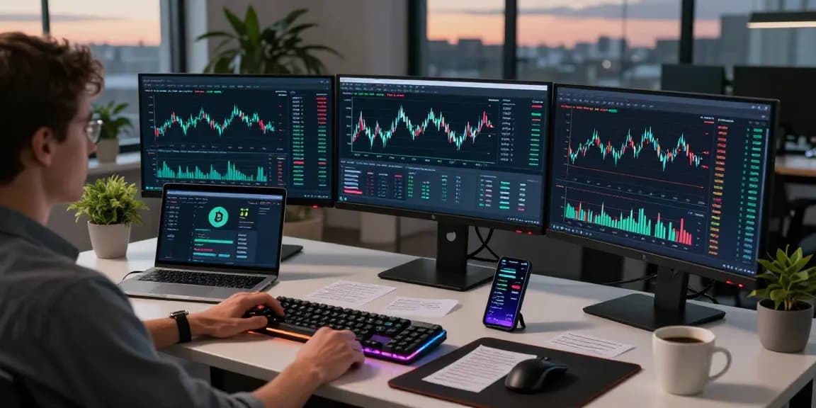 Bitcoin mining service dashboard in a high-tech trading workstation demonstrating cryptocurrency analysis and trading tools.