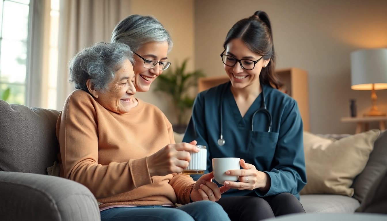 Engaging caregiver provides at home health care in a warm, inviting setting full of comfort.