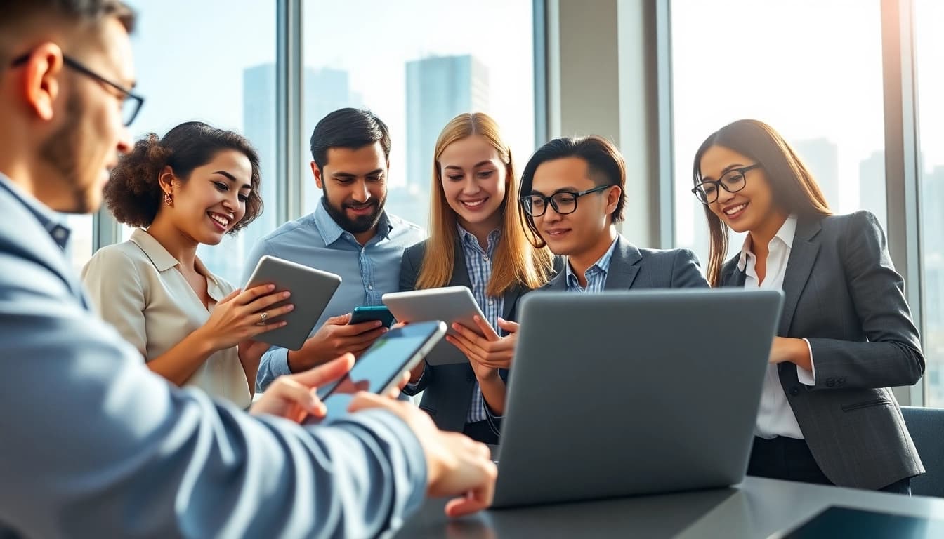 Engaged team exploring mobile crm features on devices in a bright office environment.