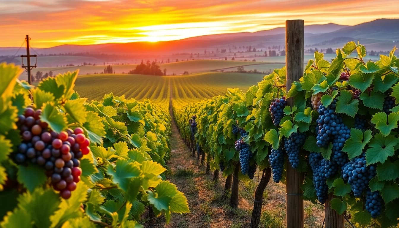 Experience the beauty of Clarksburg wineries with vibrant vineyards and ripe grape clusters.