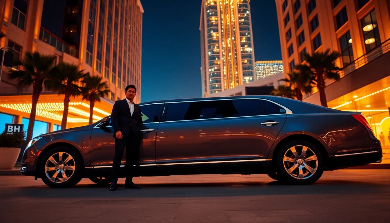 Luxury Los Angeles Limo service with a professional chauffeur outside a high-end hotel.