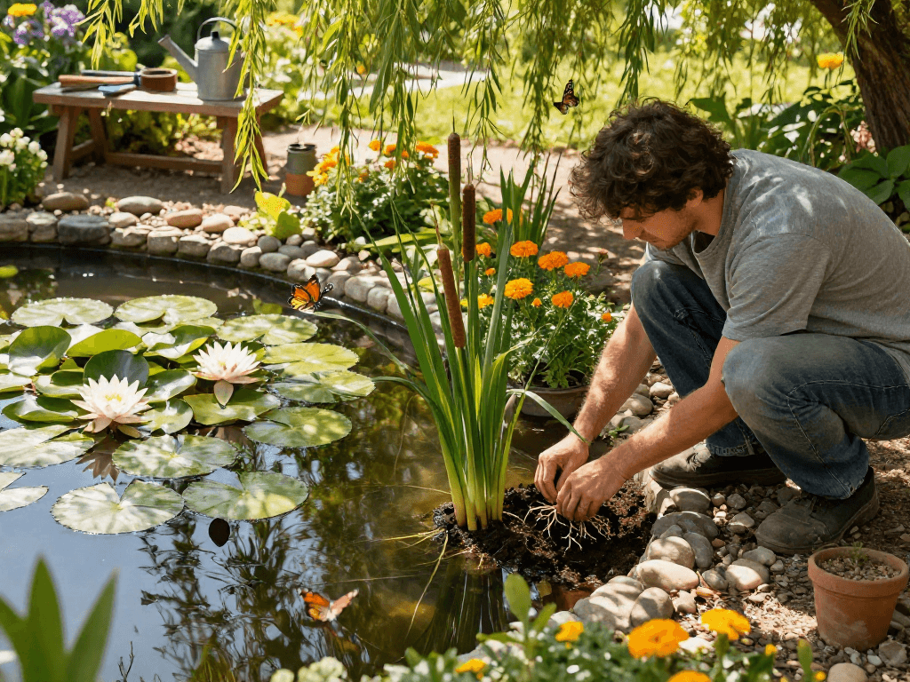Gardener planting Marginal Pond Plants beside tranquil pond, surrounded by greenery and butterflies.