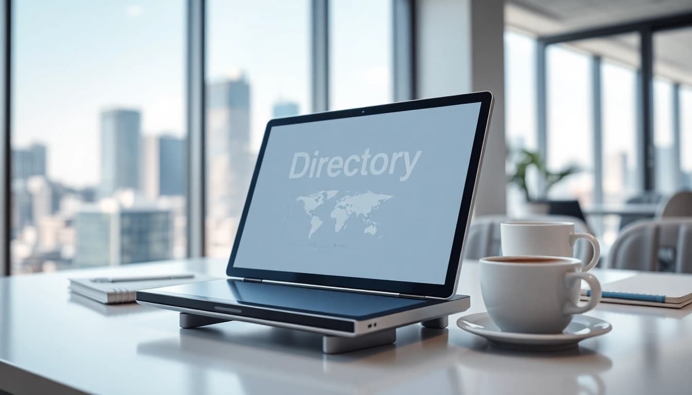 Explore the benefits of a global business directory website on a sleek digital device in a professional setting.