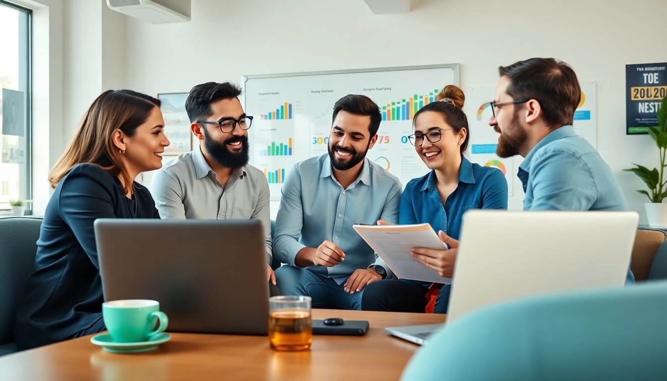 Engaged team discussing strategies for Good Wolf Marketing in a modern office space.