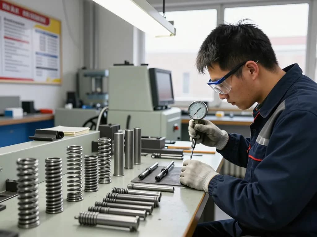 Tehnician inspectând arcuri ciur într-un atelier industrial vibrant.