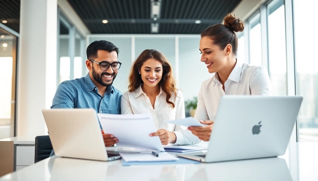 Facilitator guiding clients through the US bank account setup process in a professional environment.