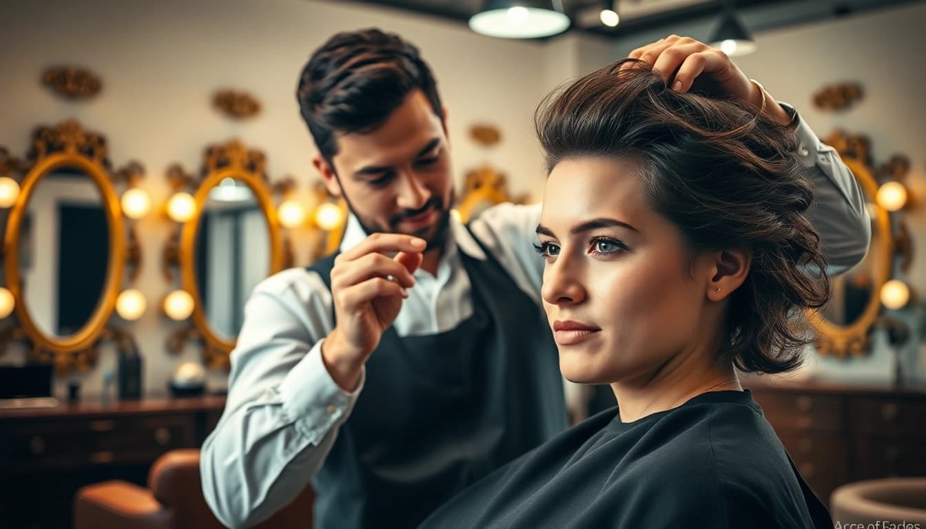 Ace of Fades 212 stylist fitting a custom hair system on a client in a modern barbershop.