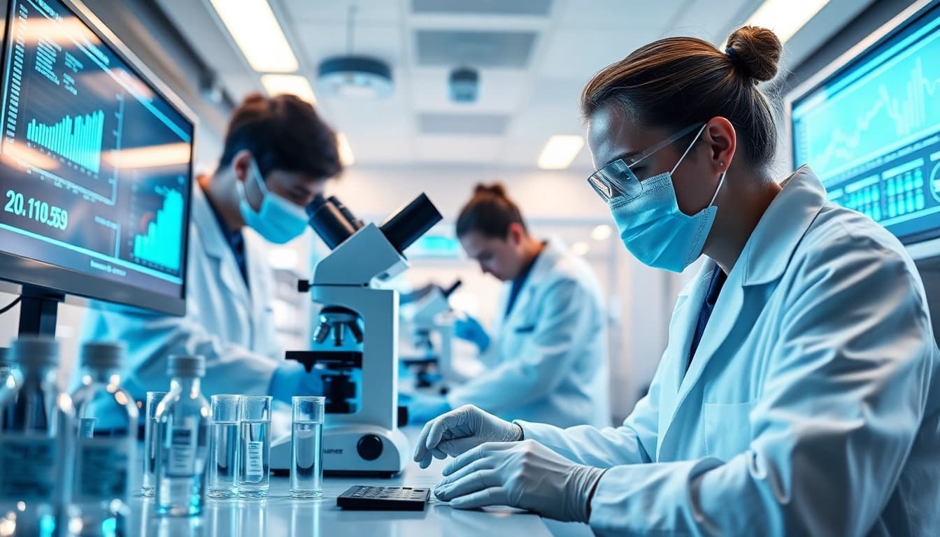 Researchers studying WIN55 synthetic cannabinoid effects in a modern lab.
