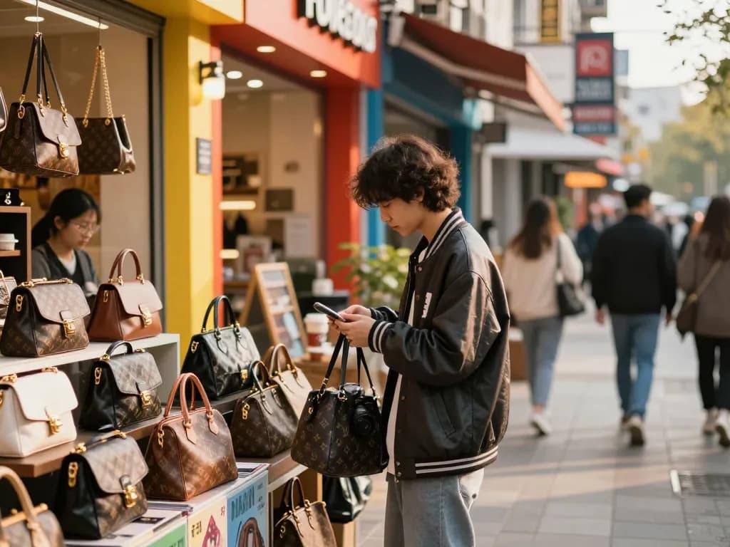 Shopping for luxury 레플리카 items in an urban setting with vibrant streetwear and colorful storefronts.
