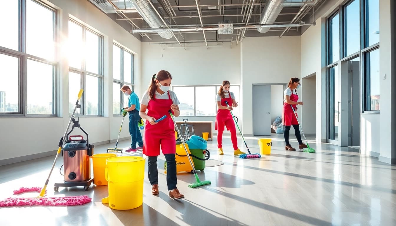 Dynamic scene of post construction cleaning, with a professional team efficiently cleaning a bright, modern space.