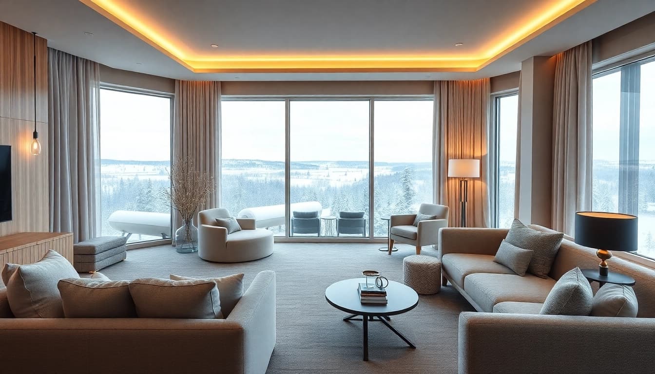 Luxury hotel in Sweden showcasing a serene room with snowy landscape views and elegant Scandinavian design.