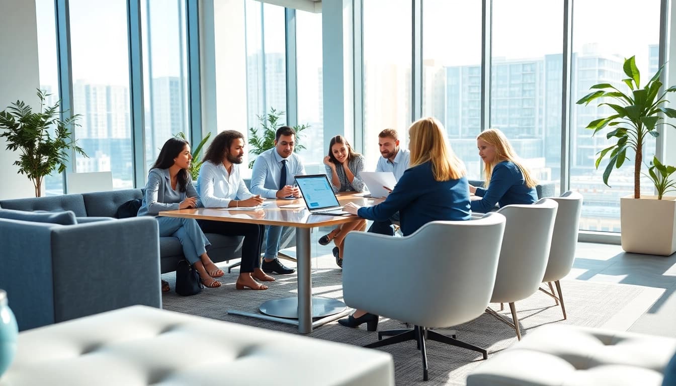 Collaborative team using 1cplatform for effective marketing strategies in a bright office.