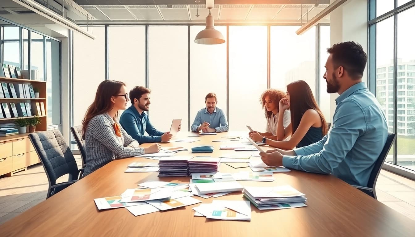 Engage with a direct mail company team collaborating on strategies in a bright office setting.
