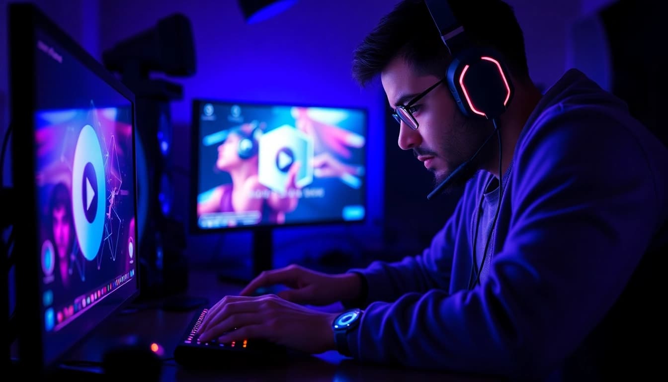 Capture a gamer configuring their Cronus zen in a high-tech gaming setup.