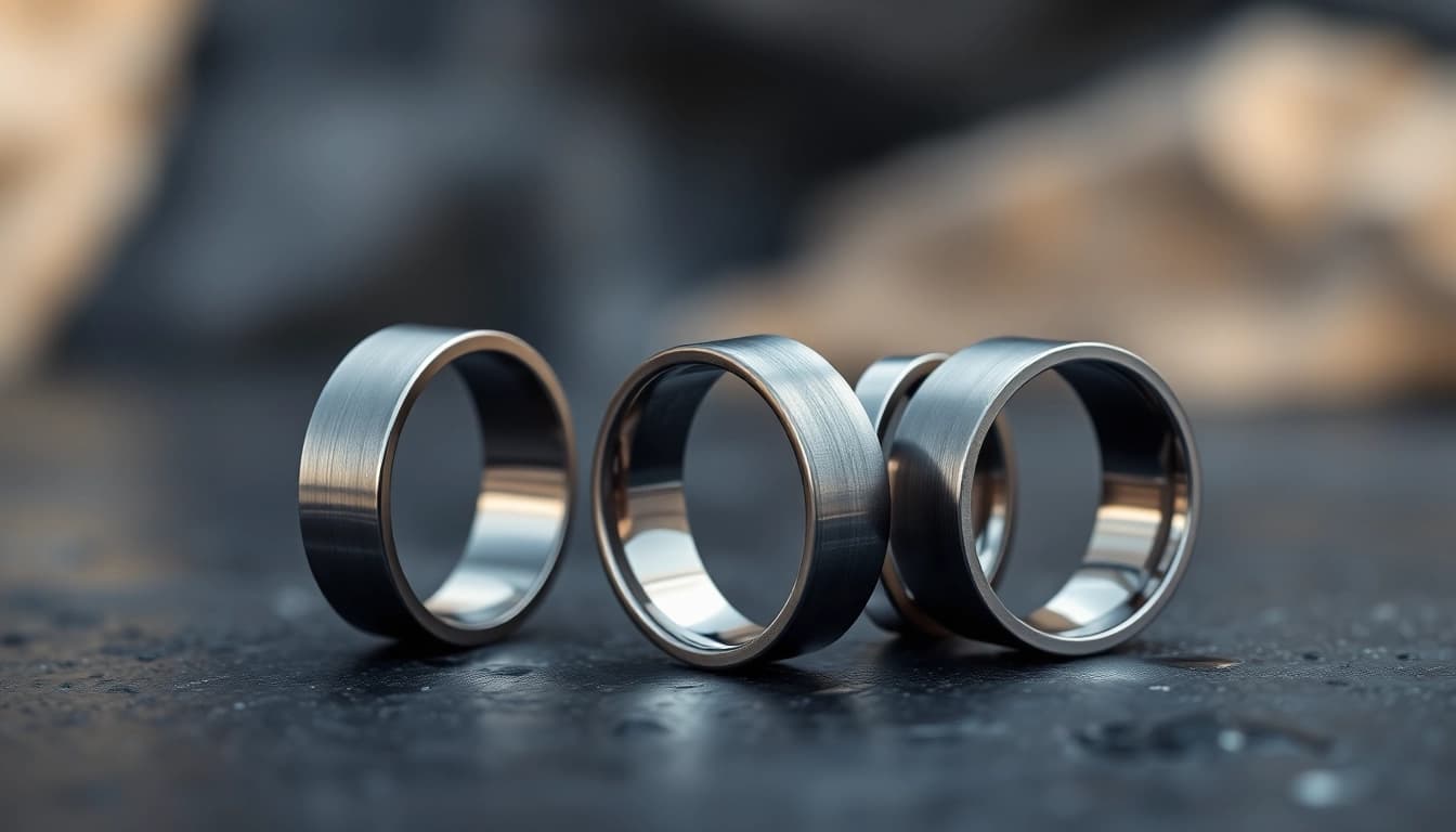 Showcasing gunmetal wedding bands for men featuring sleek designs and textures.