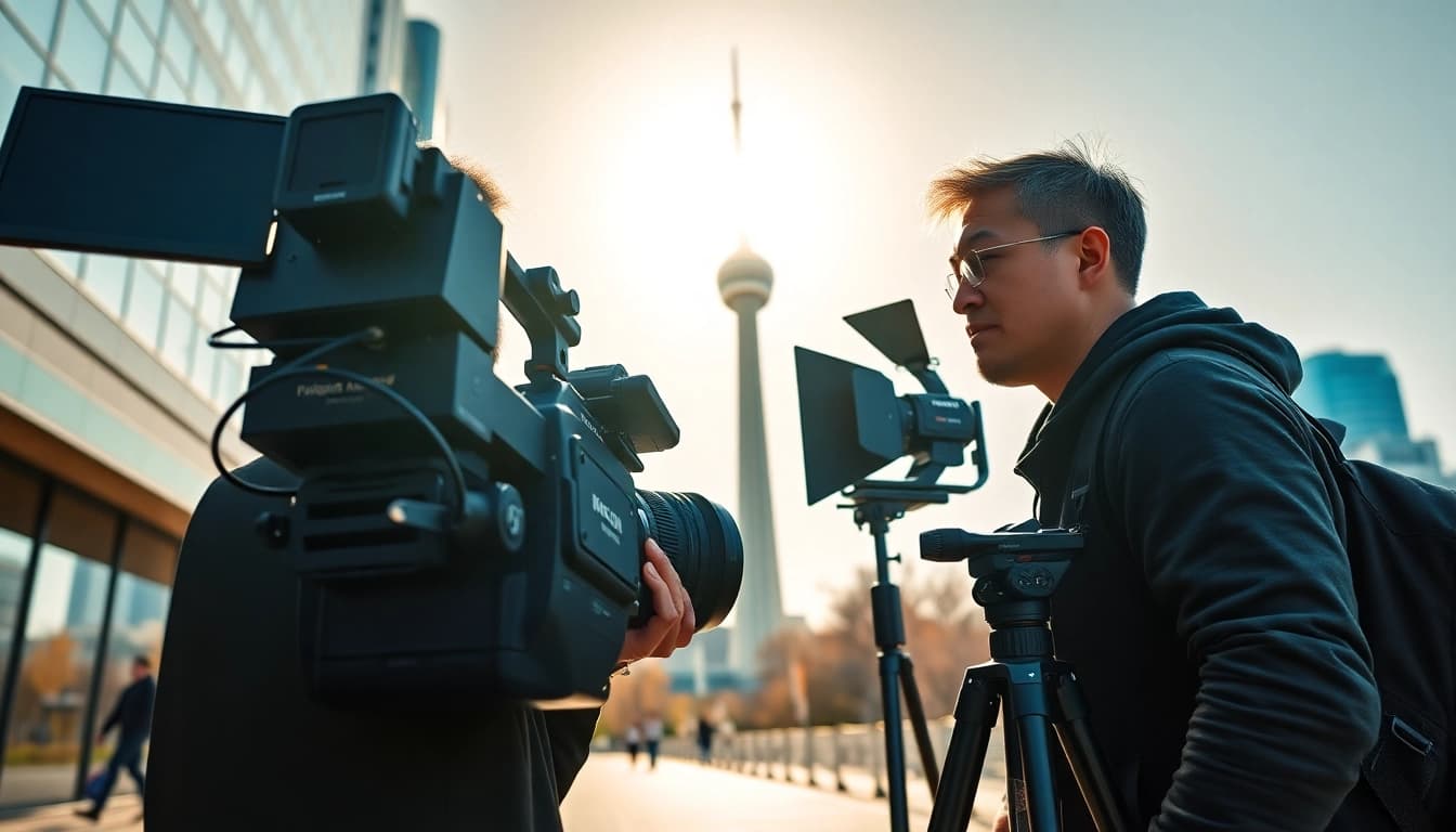 Capture of professional On-location videography toronto with a videographer in action featuring Toronto's CN Tower.