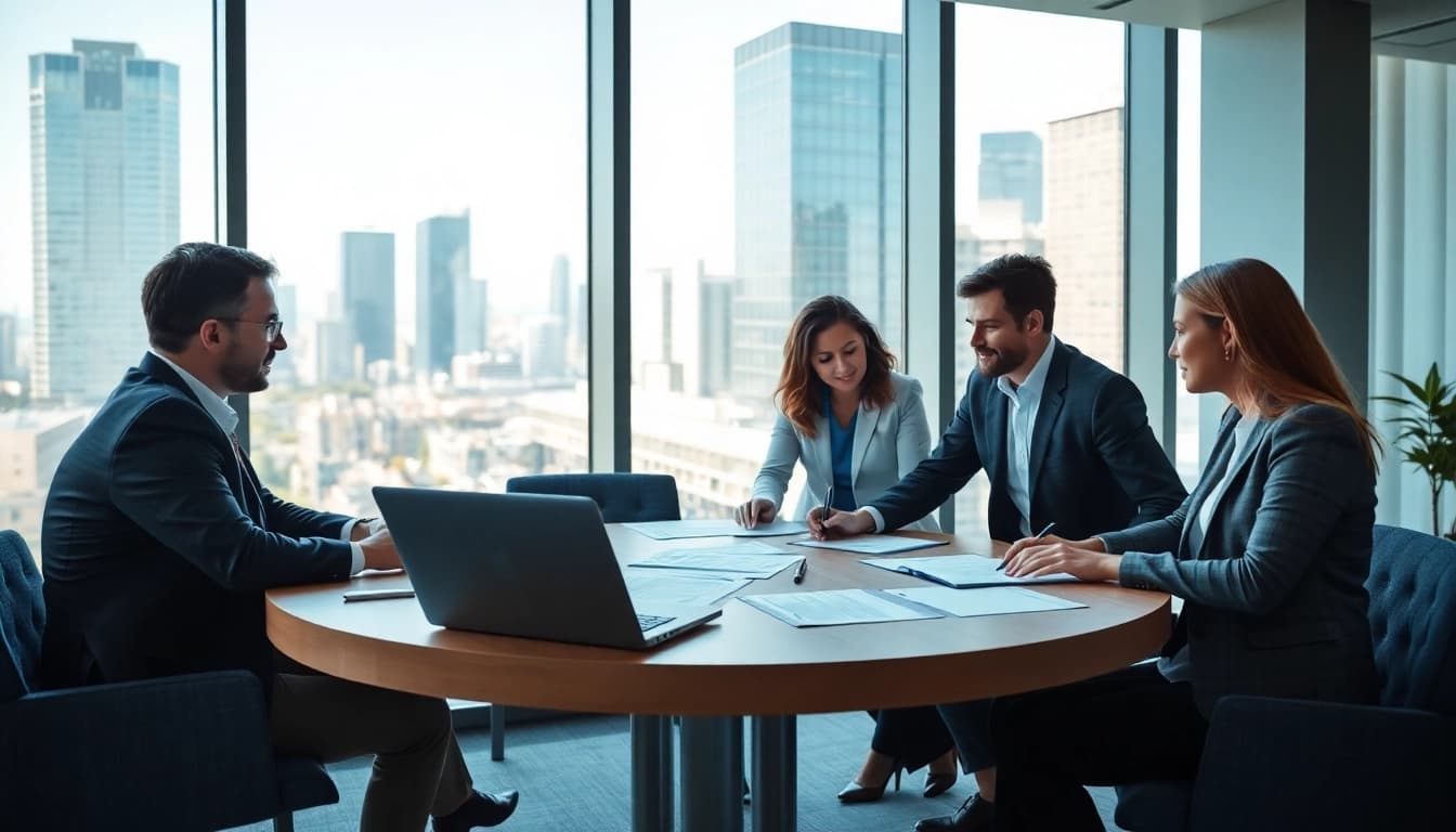 Consultants discussing contracts and grants in a bright, modern office setting focused on collaboration.