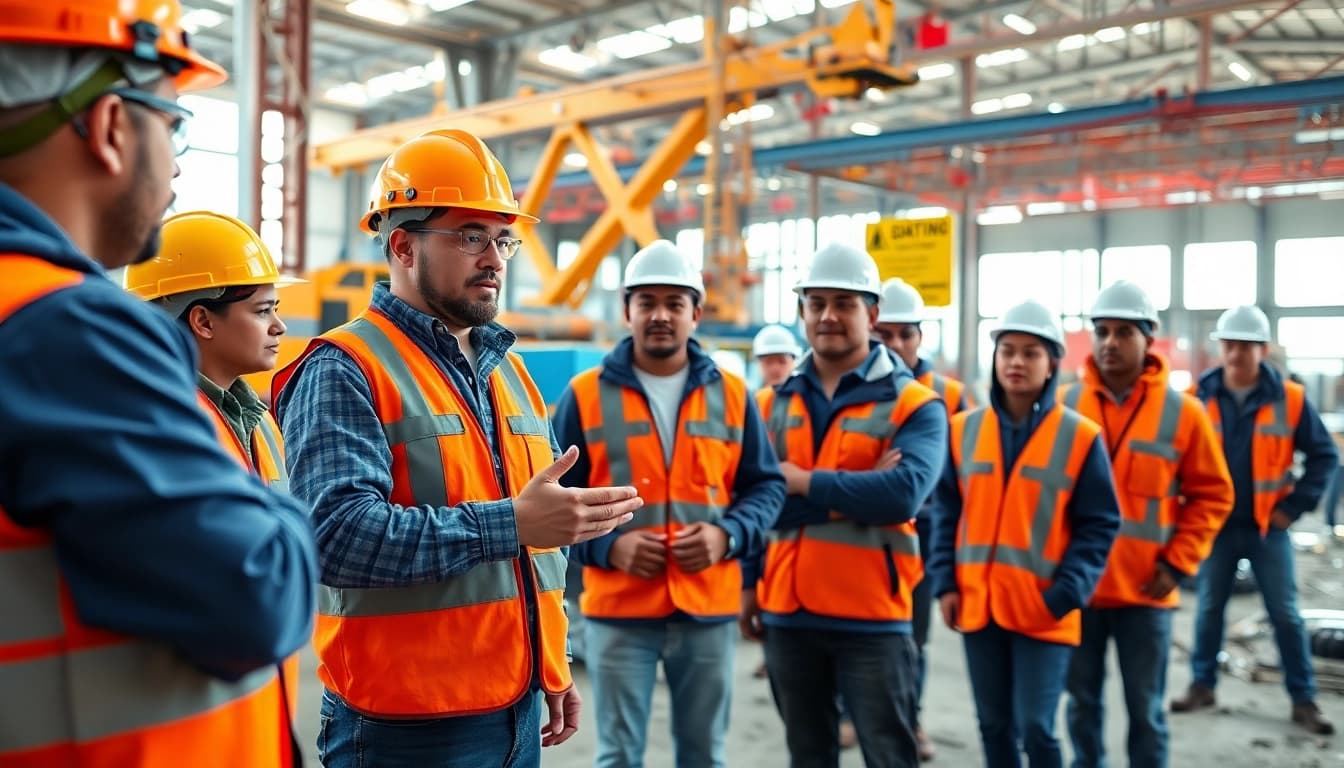 Engaged workers in a construction site safety training session demonstrating proper safety techniques.