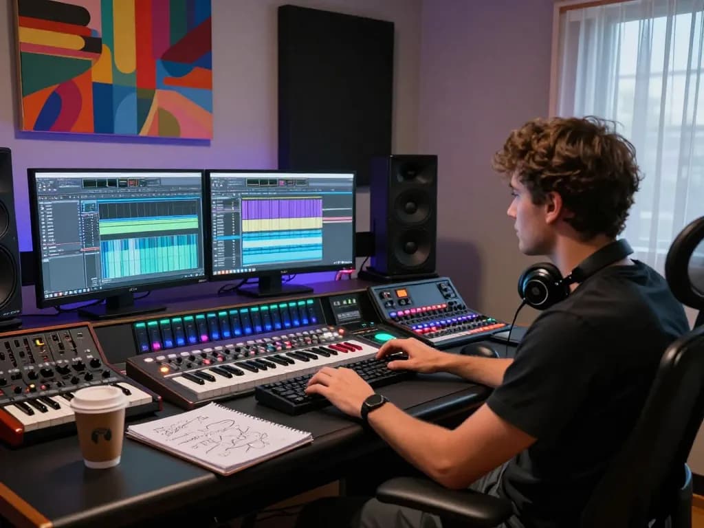 Sound engineer using SC88 in a vibrant music production studio.