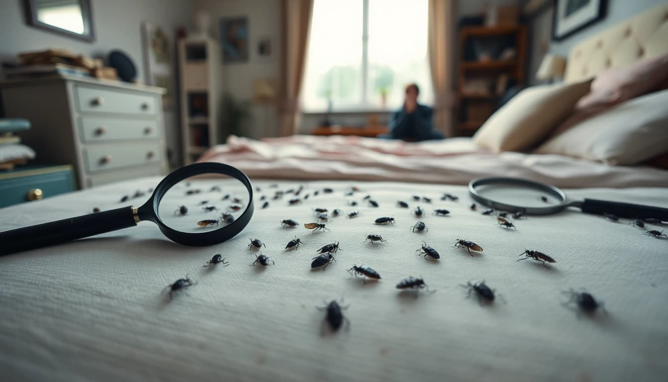 Addressing bed bug infestation with https://affordablebedbugexterminators.com tools in a staged bedroom.