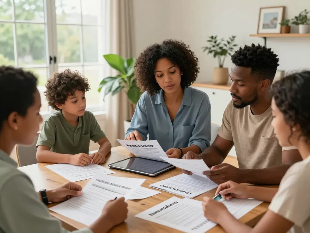 Cash home buyers discussing offers in a bright family setting with documents and tablets.