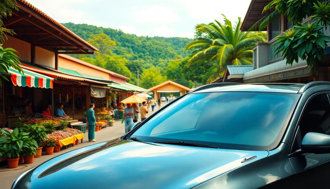 Kuching rent a car parked near a vibrant local market, showcasing the lively culture of the city.