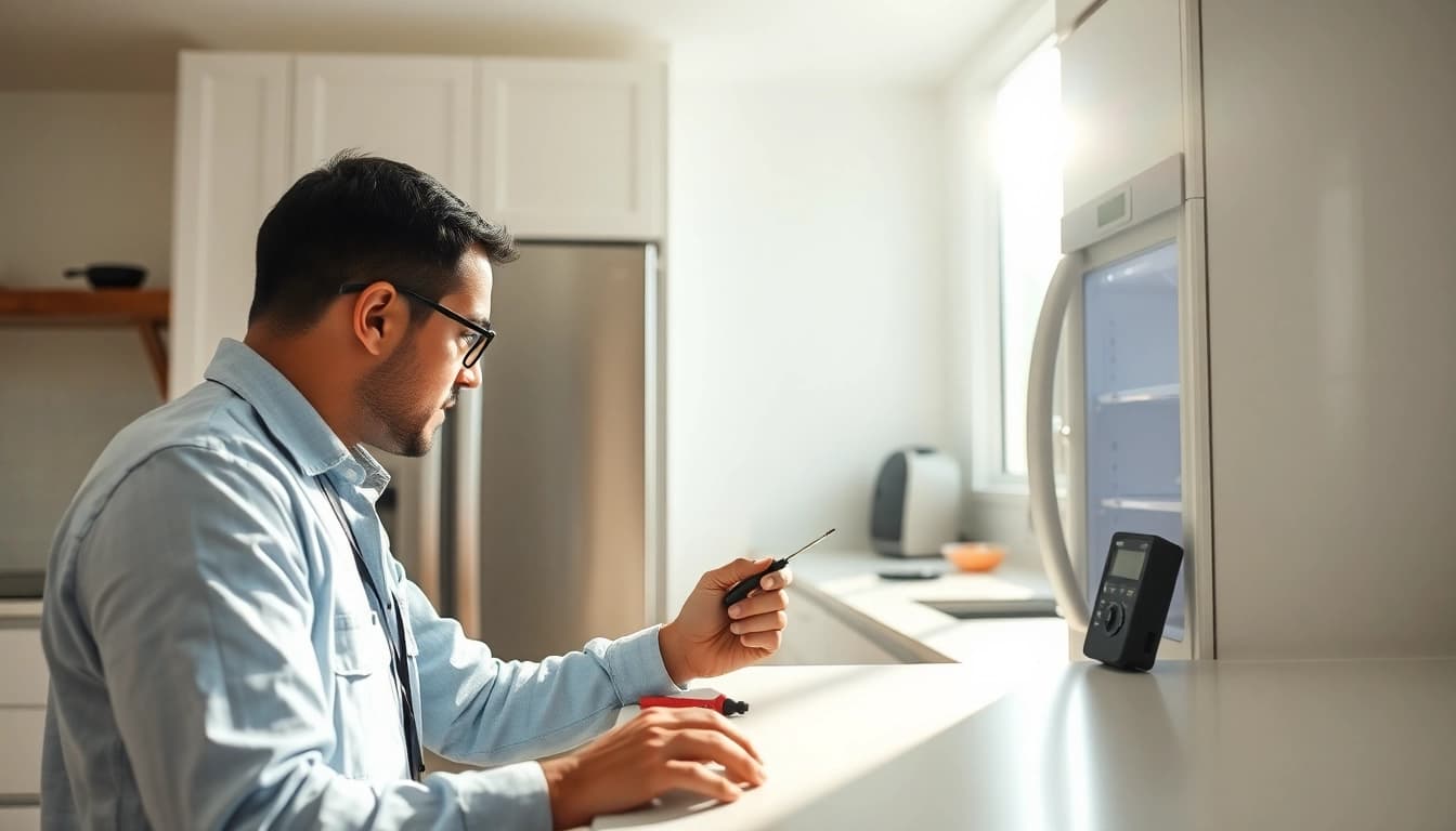 Quick appliance repair los angeles service by a skilled technician in a bright kitchen setting.
